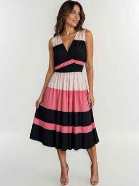 Taylor Pink Black Colorblock Surplice Midi Dress Pleated 10